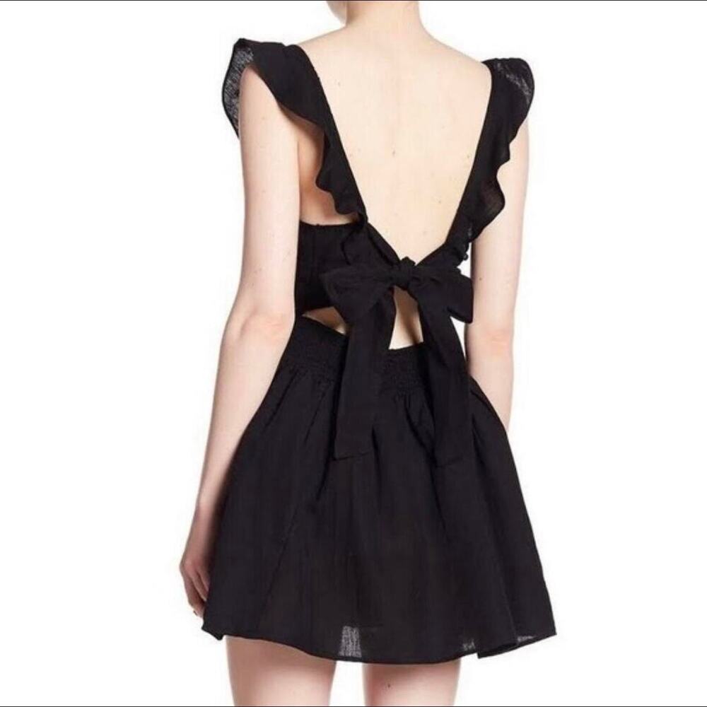 Free People Erin Ruffle Backless With Bow Tie Detail Mini Dress XS Black Cotton